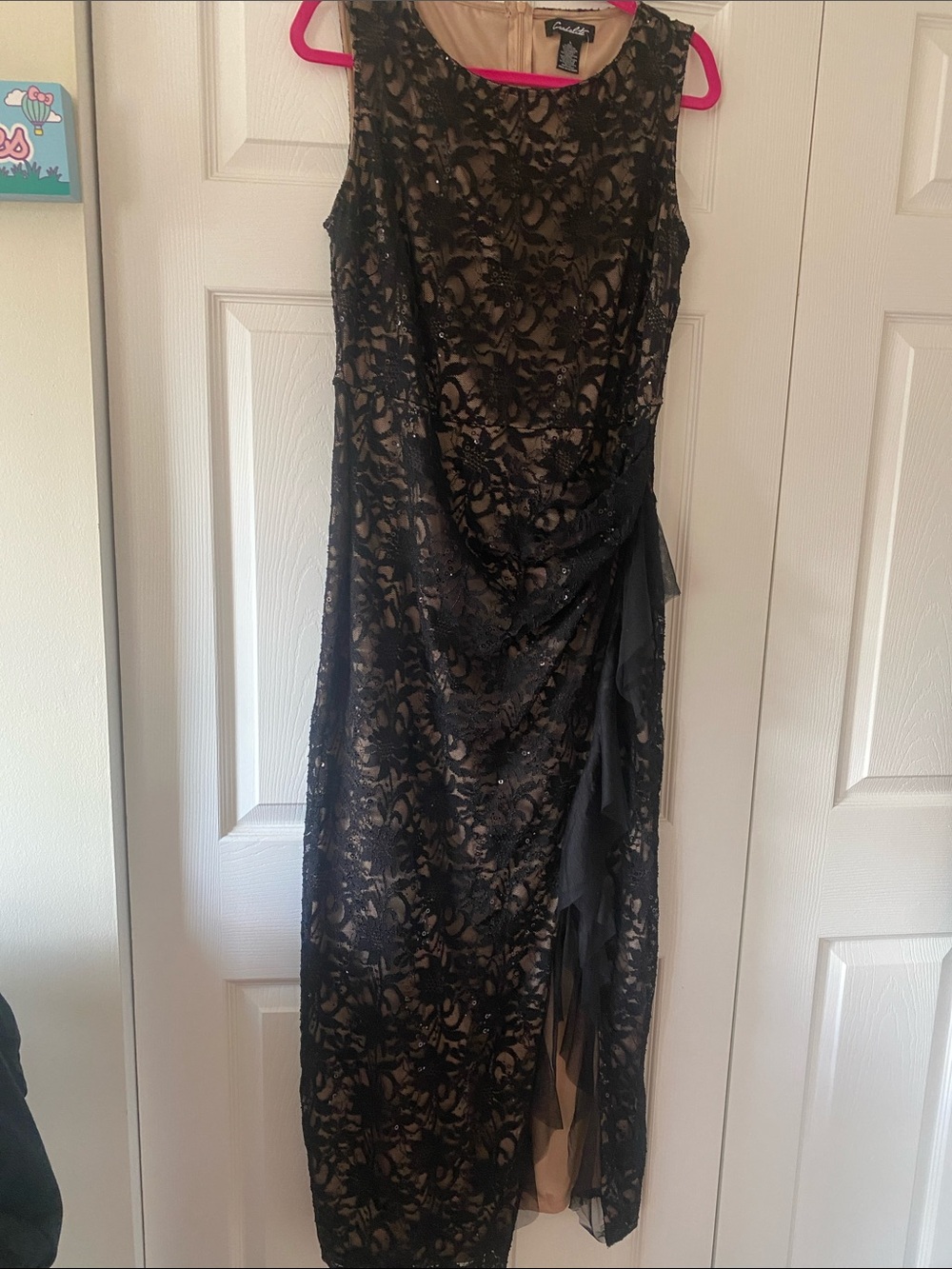Cachet Black Lace Overlay Maxi Dress with Nude Underlay side slit and rushing